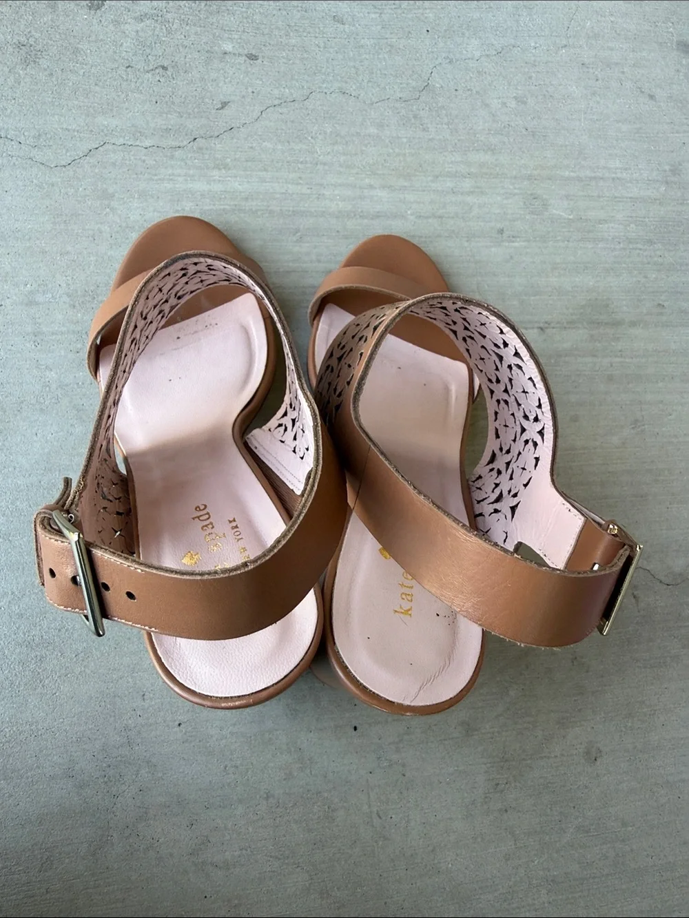 kate spade Tan Laser-Cut Leather Slingback Heels with Pink Insole